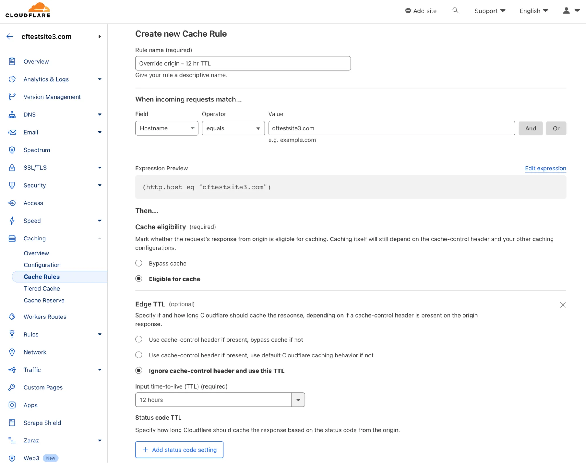 Figure 26 : Cloudflare rule configuration. Cloudflare Cache Rules allow for granular control of caching.